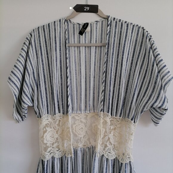 Ramisou Womens Gray Open Front Lace Detailing Striped Cover Up Dress Size M/L - Picture 2 of 7